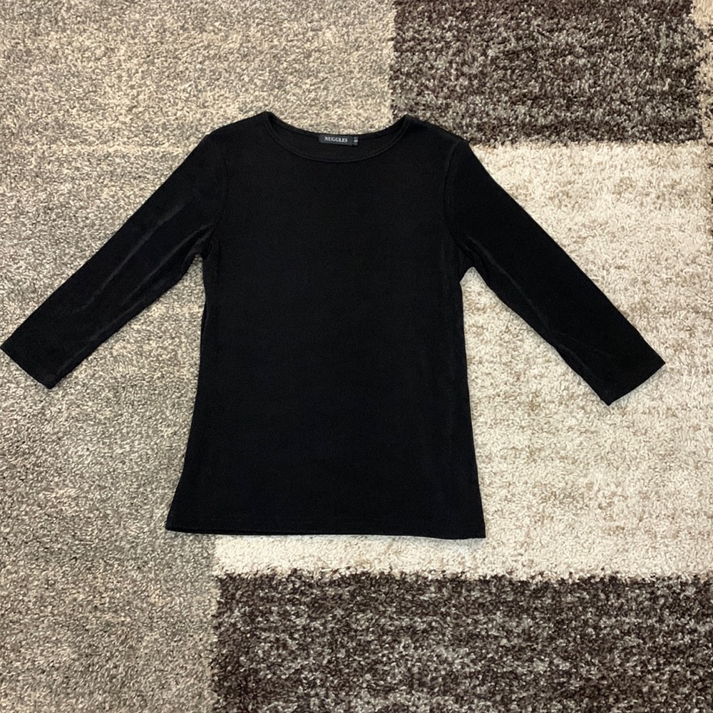 Nuggles brand black dressy layering top with 3/4 sleeves. Mint condition. NWT.